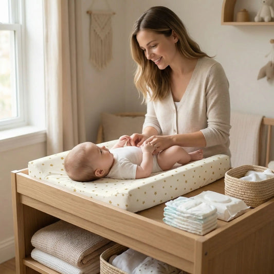 housse pour matelas à langer étoiles dorées bébé maman souriant