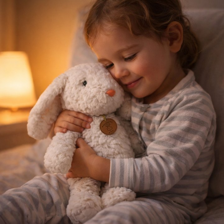 lapin en peluche blanc apaisante rassurante fillette souriante câlin