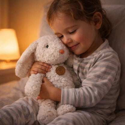 lapin en peluche blanc apaisante rassurante fillette souriante câlin