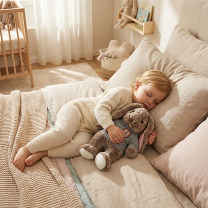 lapin peluche brun coton doux réconfortant garçon endormi paisiblement