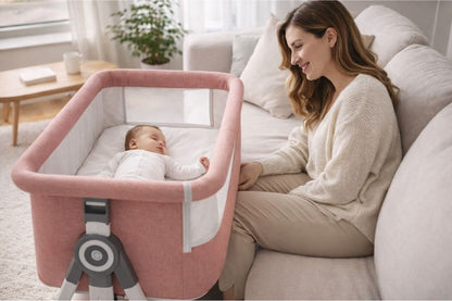 lit cododo rose maman souriante bébé endormi berceau salon