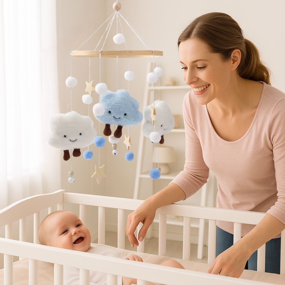 mobile bebe etoile bleu blanc bebe maman souriant