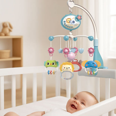 mobile musical bebe bleu enfant souriant dans berceau