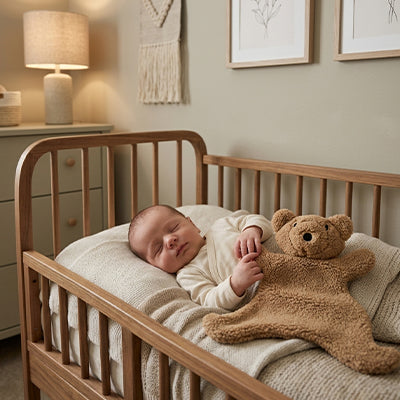 ours doudou brun bébé endormi dans berceau