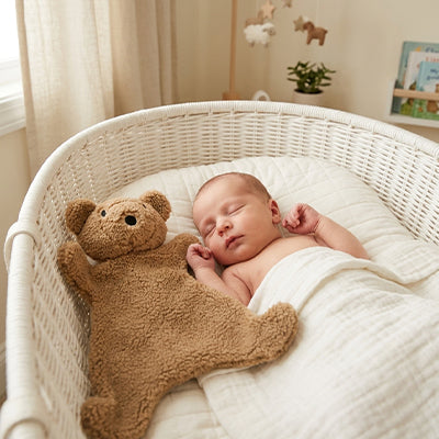 ours doudou brun bébé endormi dans couffin