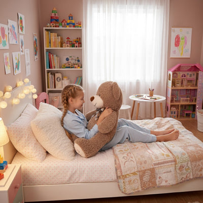 ours en peluche brun compagnon fillette dans lit