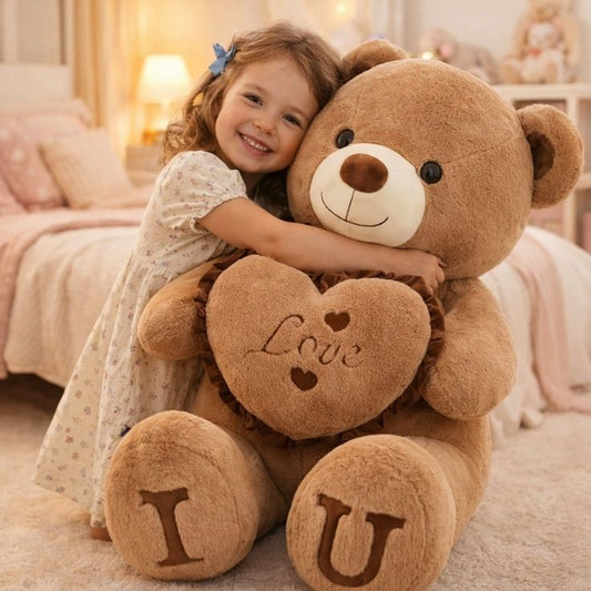 ours en peluche brun coton doux fille souriante câlin