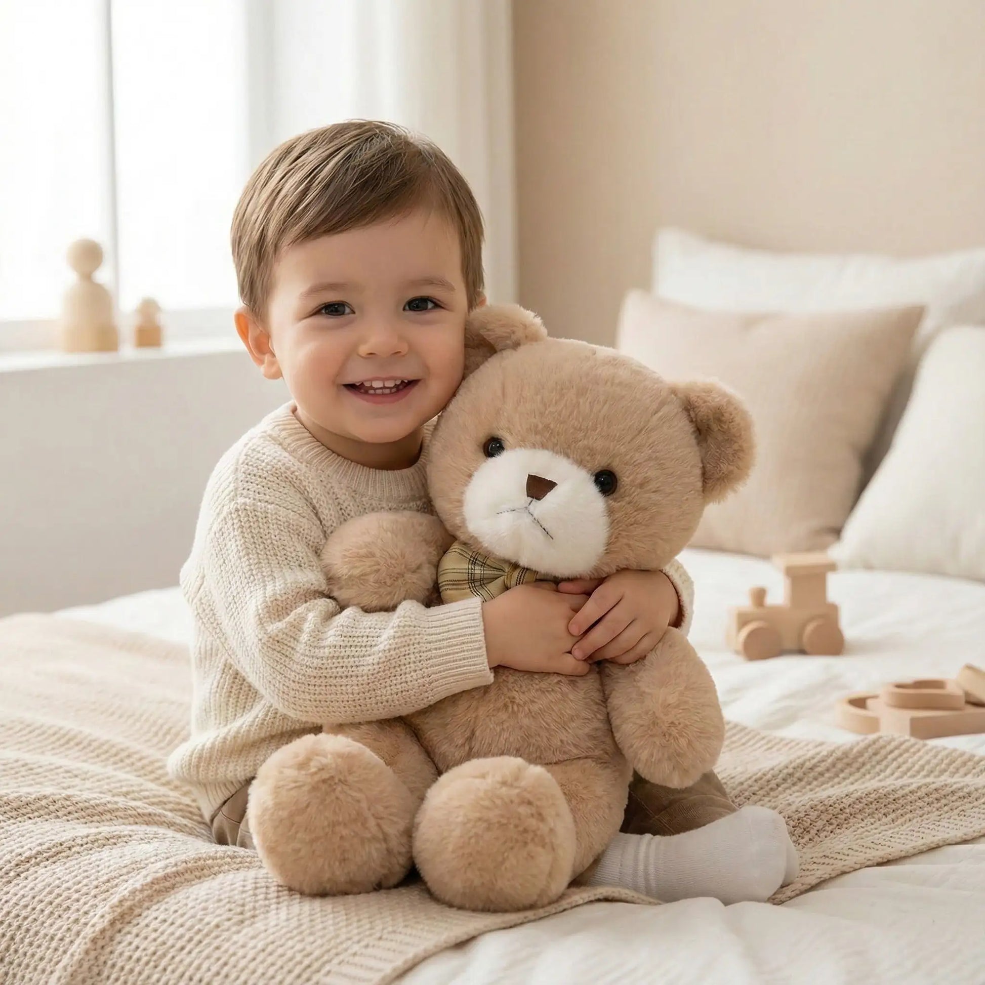 ours en peluche brun doux garçon souriant câlin