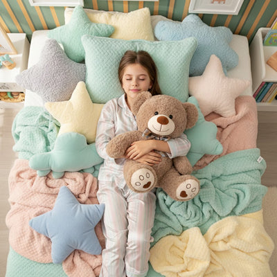 ours en peluche brun fille dans lit souriante