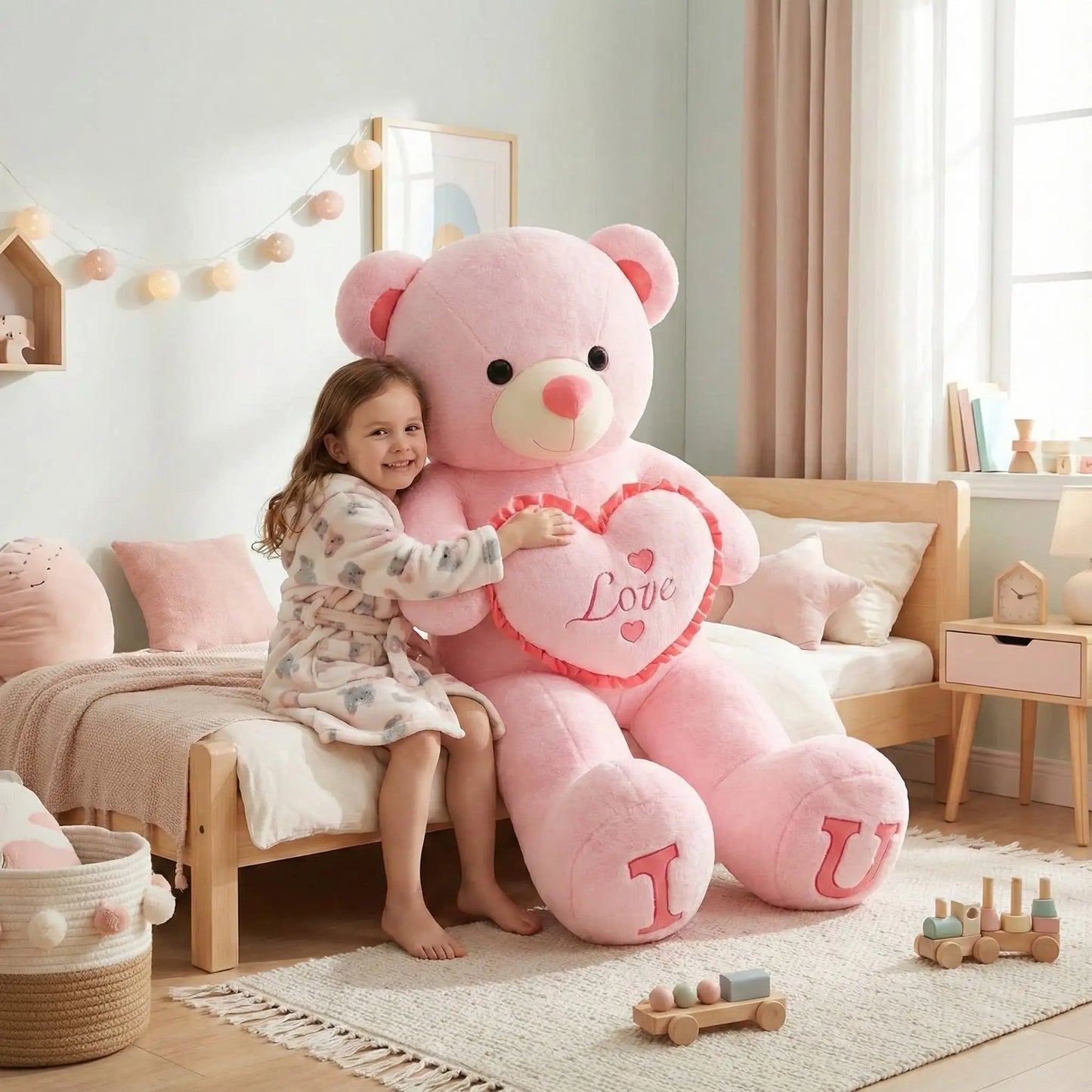ours en peluche coton rose apaisante fille souriante câlin