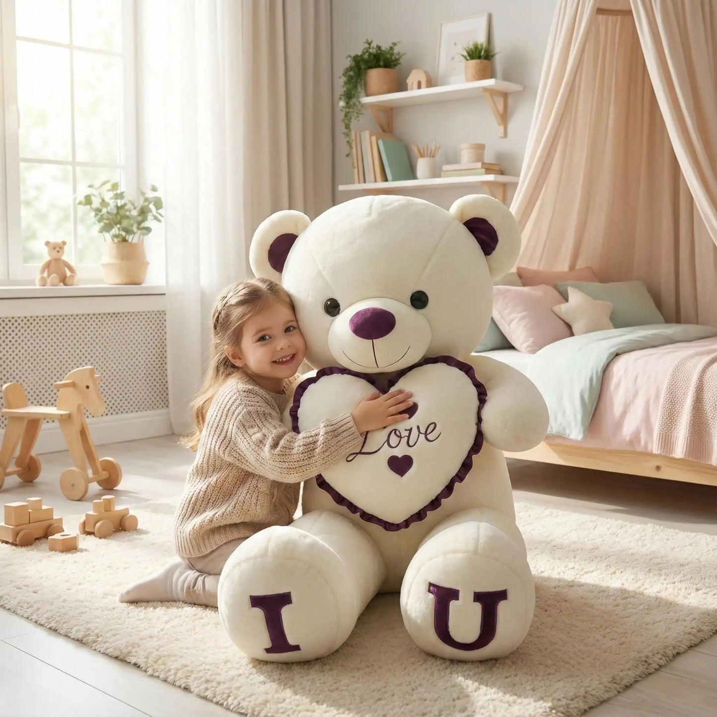 ours en peluche coton violet apaisante fille souriante câlin