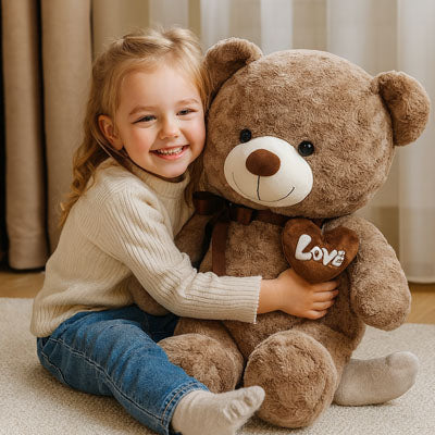 ours en peluche marron coton doux rassurant câlin fille souriante