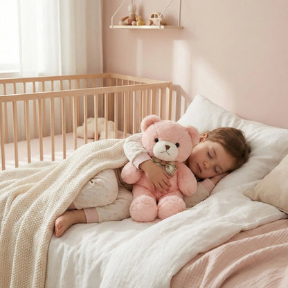 ours en peluche rose douce fille endormie lit