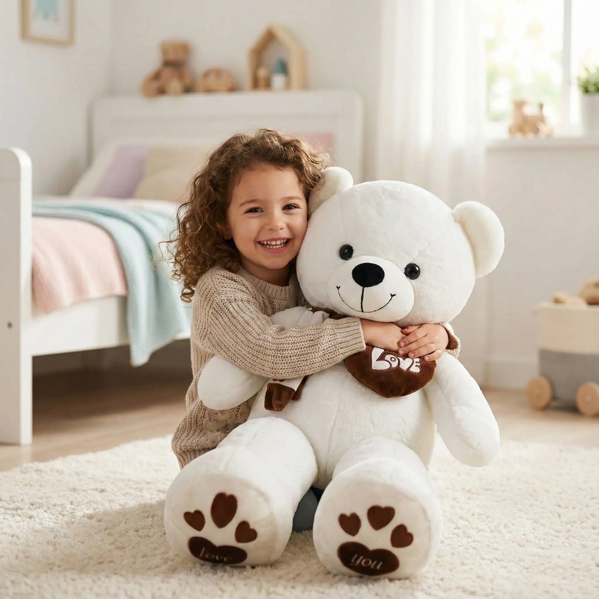 ours peluche blanc géante coton doux fille souriante câlin