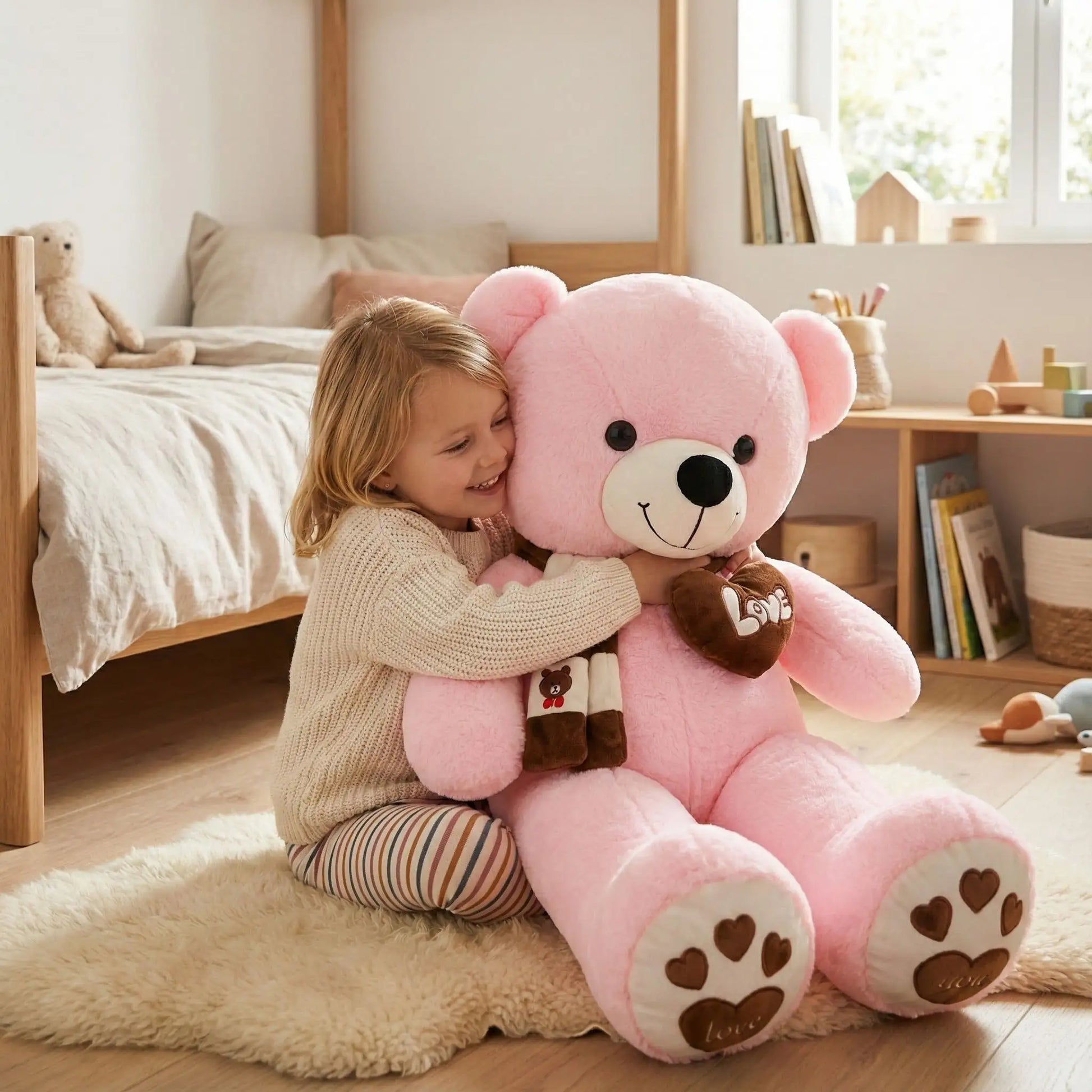 ours peluche rose geante coton doux fille souriante câlin