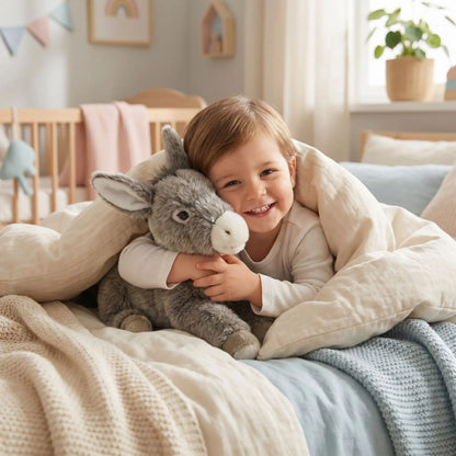peluche âne grise enfant souriant