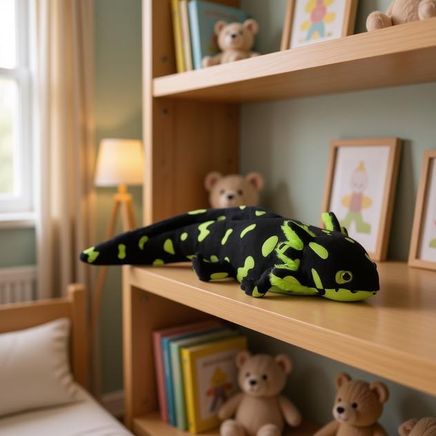 peluche axolotl vert noir mignonne sur meuble chambre bébé