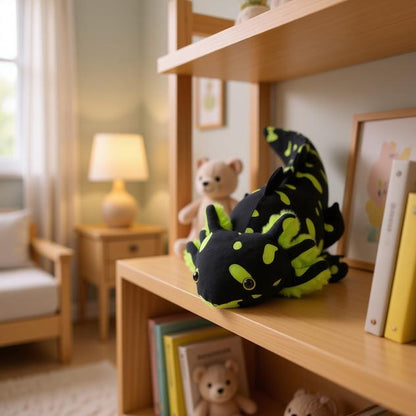 peluche axolotl vert noir mignonne sur meuble chambre enfant