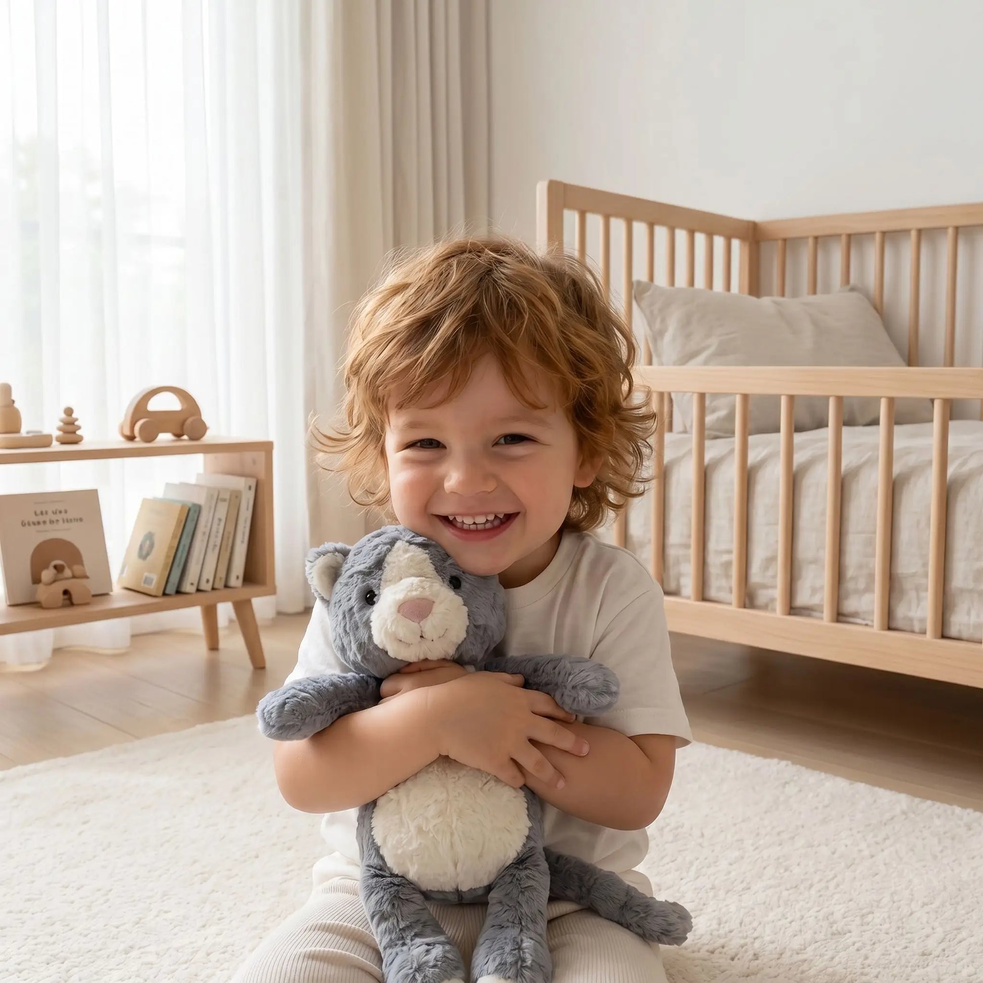 peluche chat gris enfant souriant