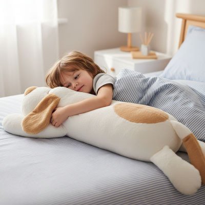 Peluche Chien blanc garçon sommeil paisible