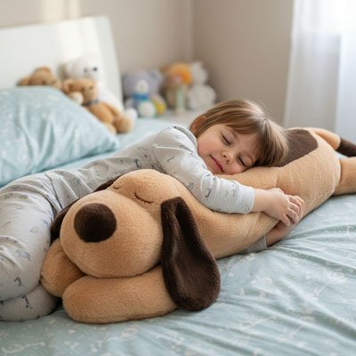 Peluche Chien brun coton enfant apaisé confortable