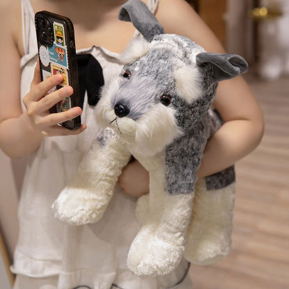 peluche chien schnauzer douce moelleuse dans bras maman