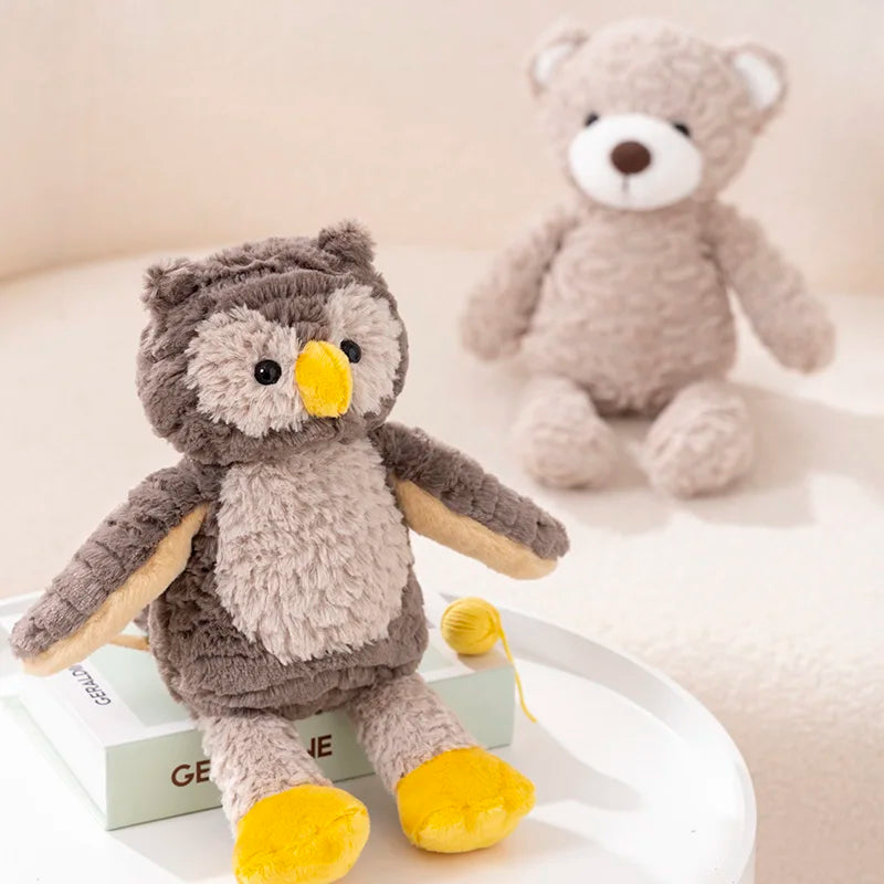 peluche hibou gris blanc jaune mignon douce