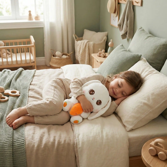 peluche lapin blanc doux rassurant fille sereine endormie