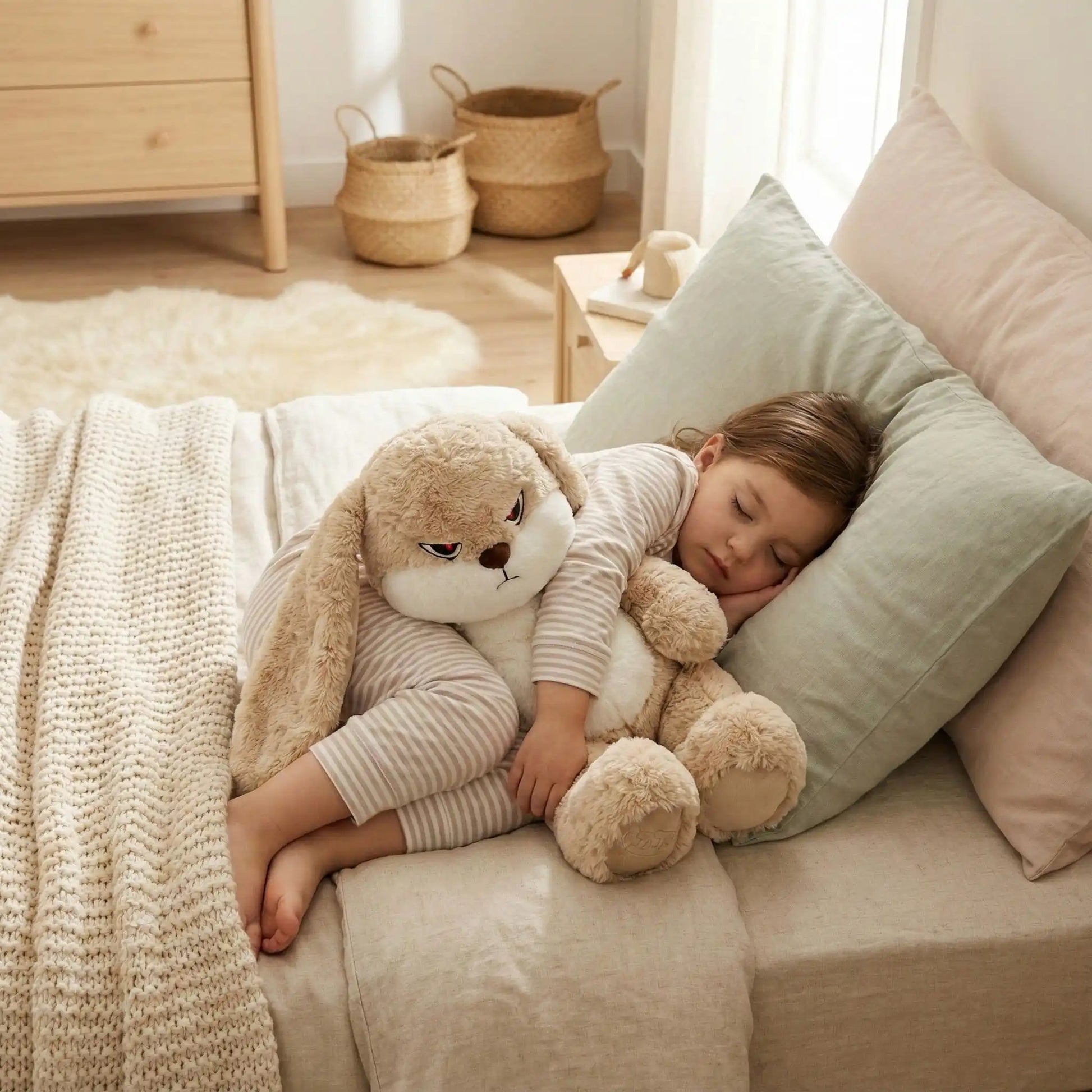 peluche lapin brun doux amusant drôle enfant endormi paisible