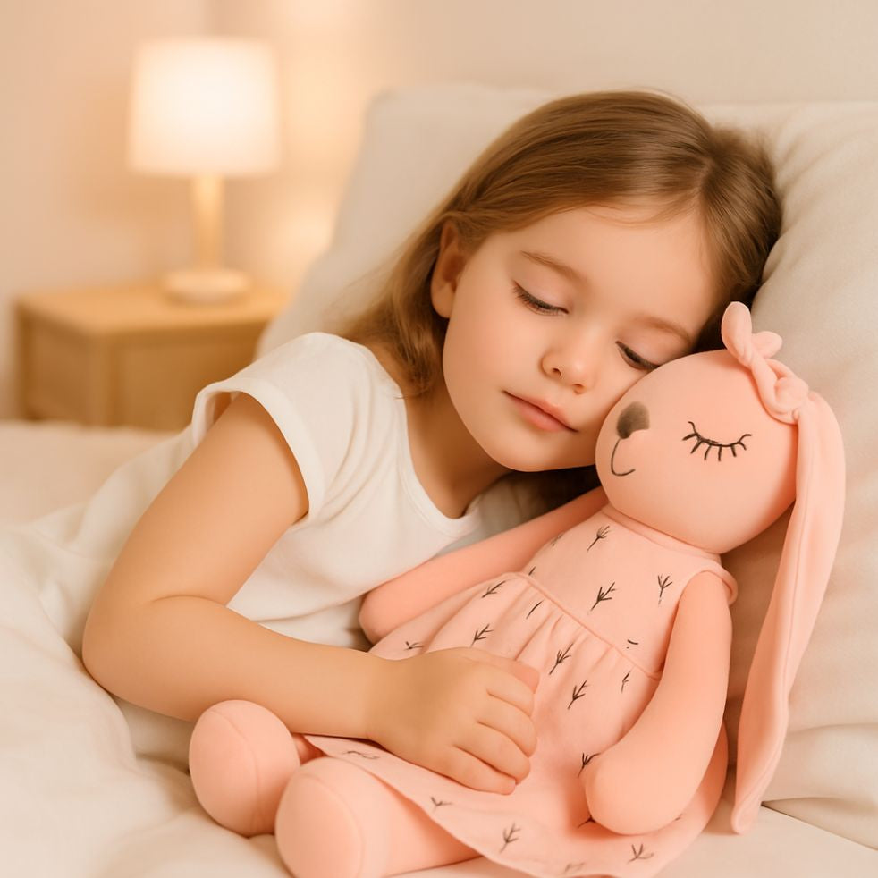 peluche lapin coton doux rose fille endormie lit
