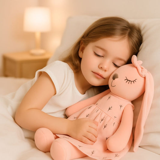 peluche lapin coton doux rose fille endormie lit