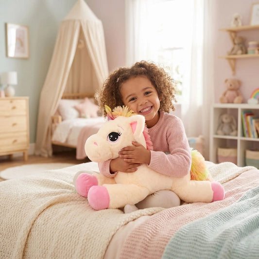 peluche licorne rose fillette souriante