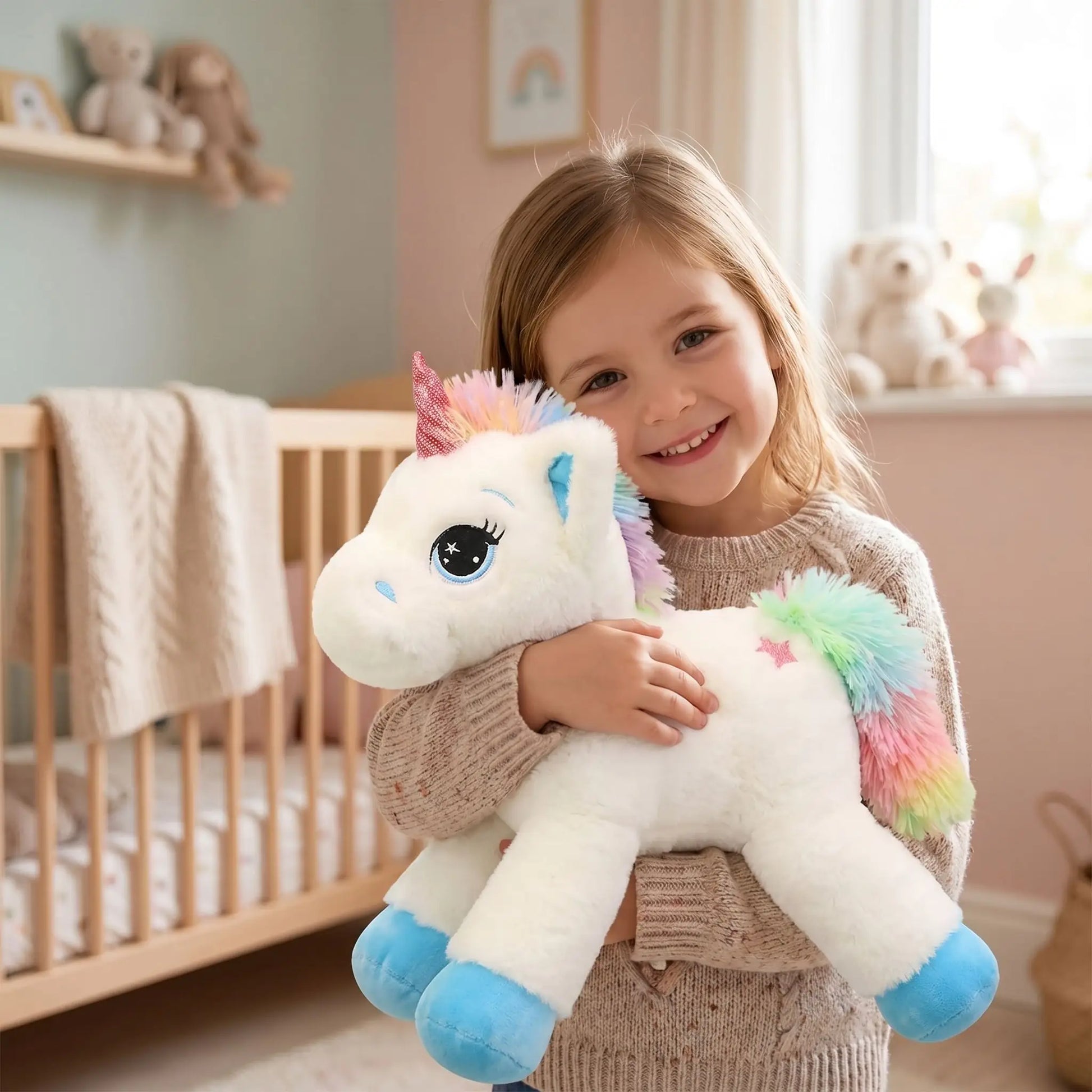 peluche licorne rose fillle souriante