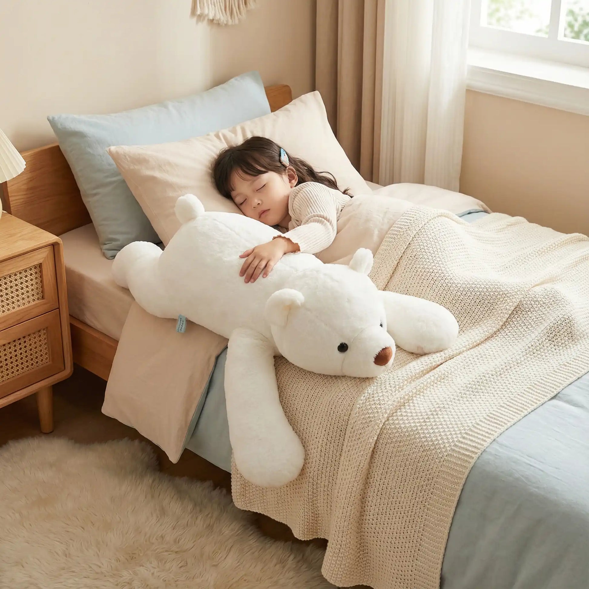 peluche ours blanc doux rassurant enfant endormi paisiblement