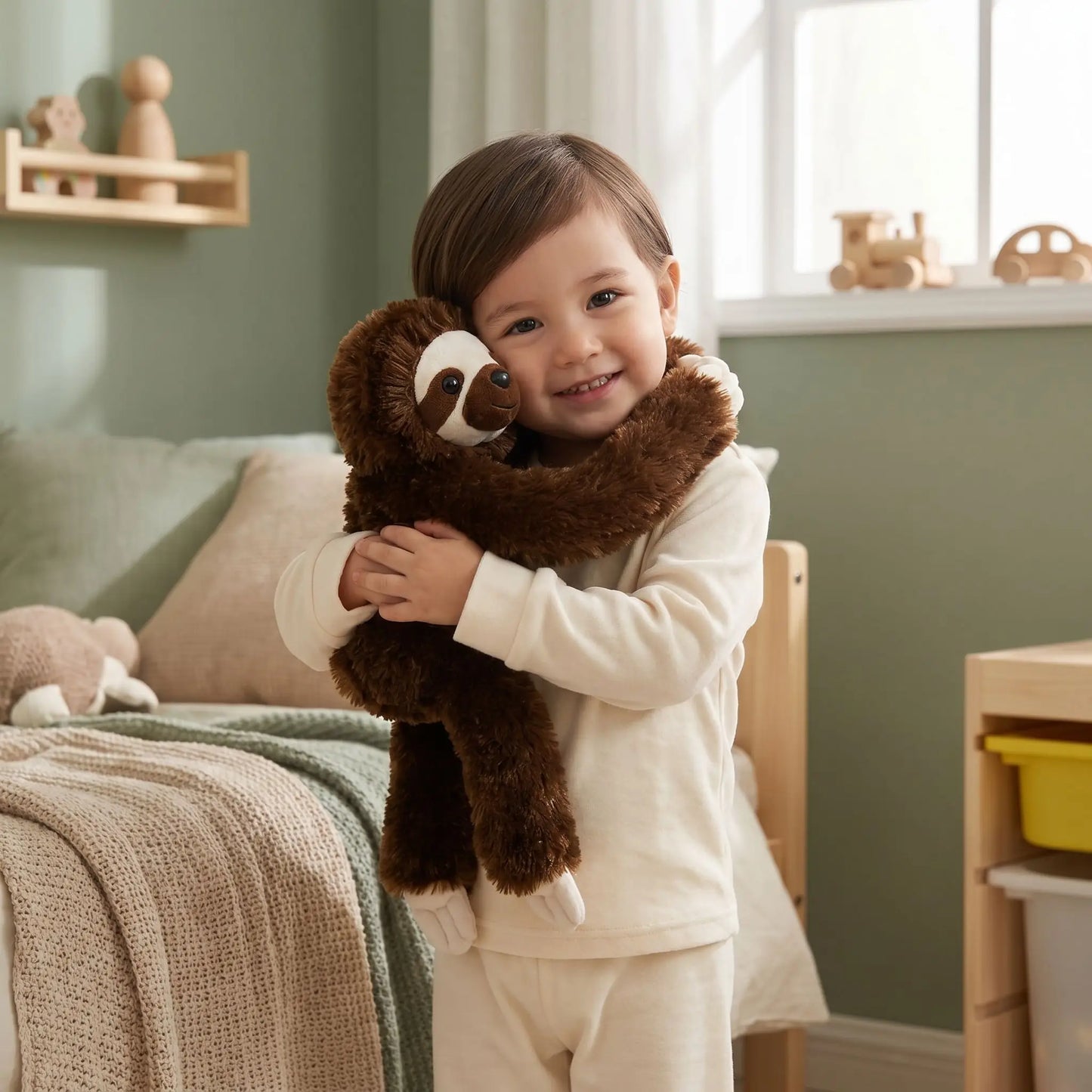 peluche paresseux marron enfant souriant
