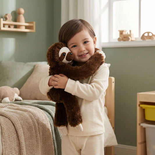 peluche paresseux marron enfant souriant