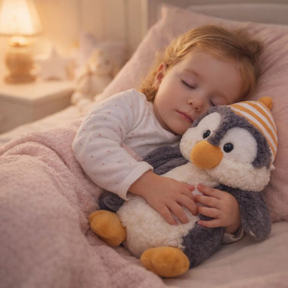 peluche pingouin douce apaisante mignonne rassurante fille endormie