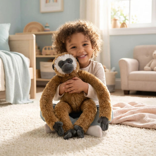 peluche singe brun souriant