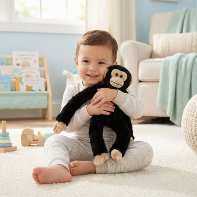 peluche singe noir enfant souriant