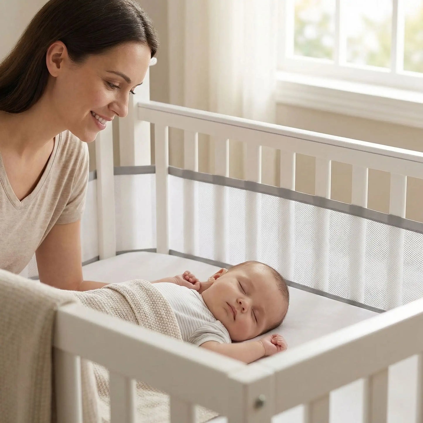 tour de lit bébé respirant blanc bébé maman souriant