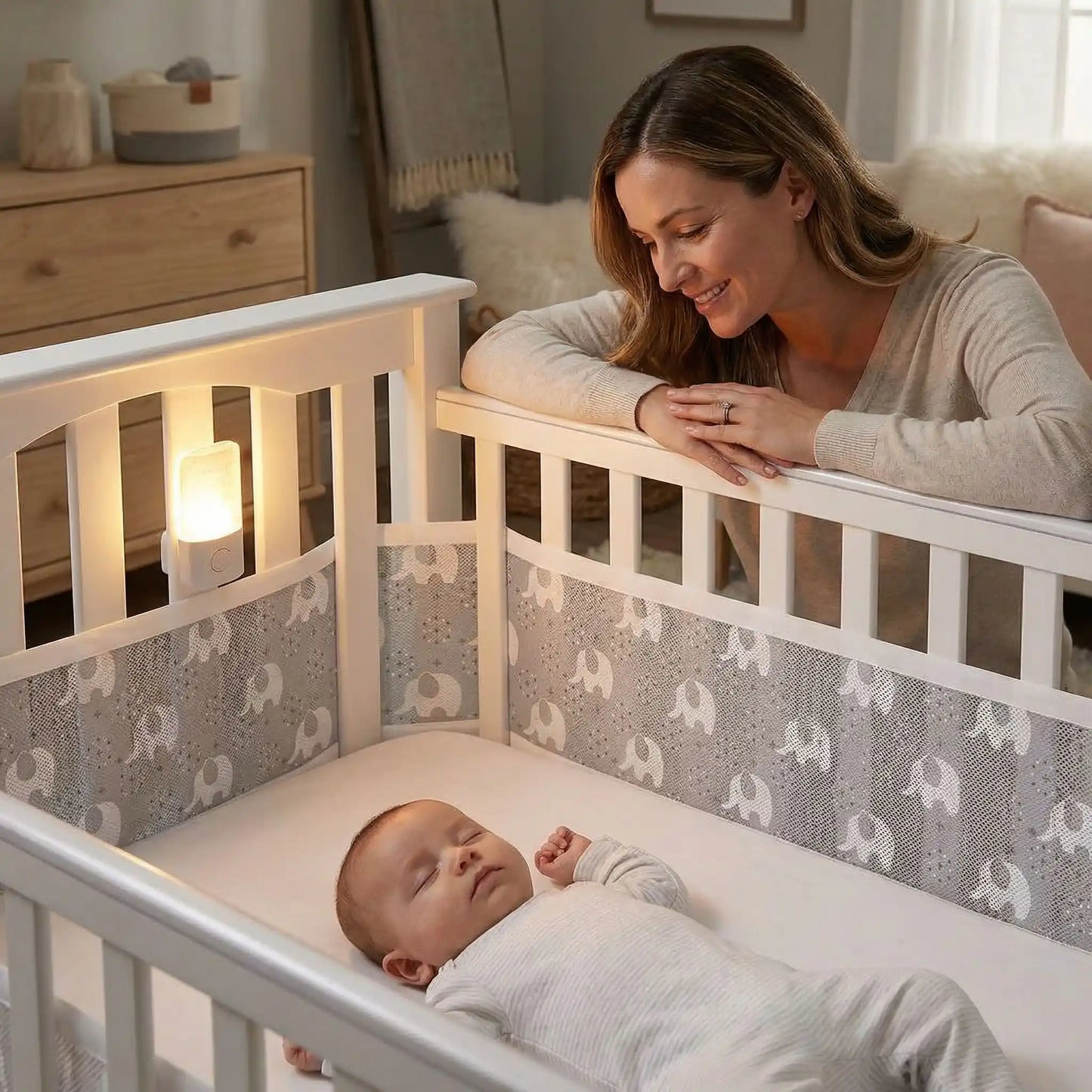 tour de lit respirant éléphant enfant endormi maman souriante