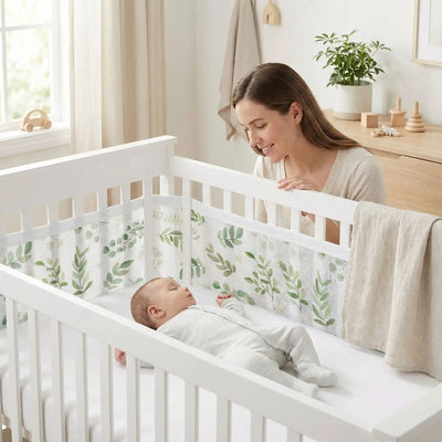 tour de lit respirant feuilles bébé endormi maman souriante