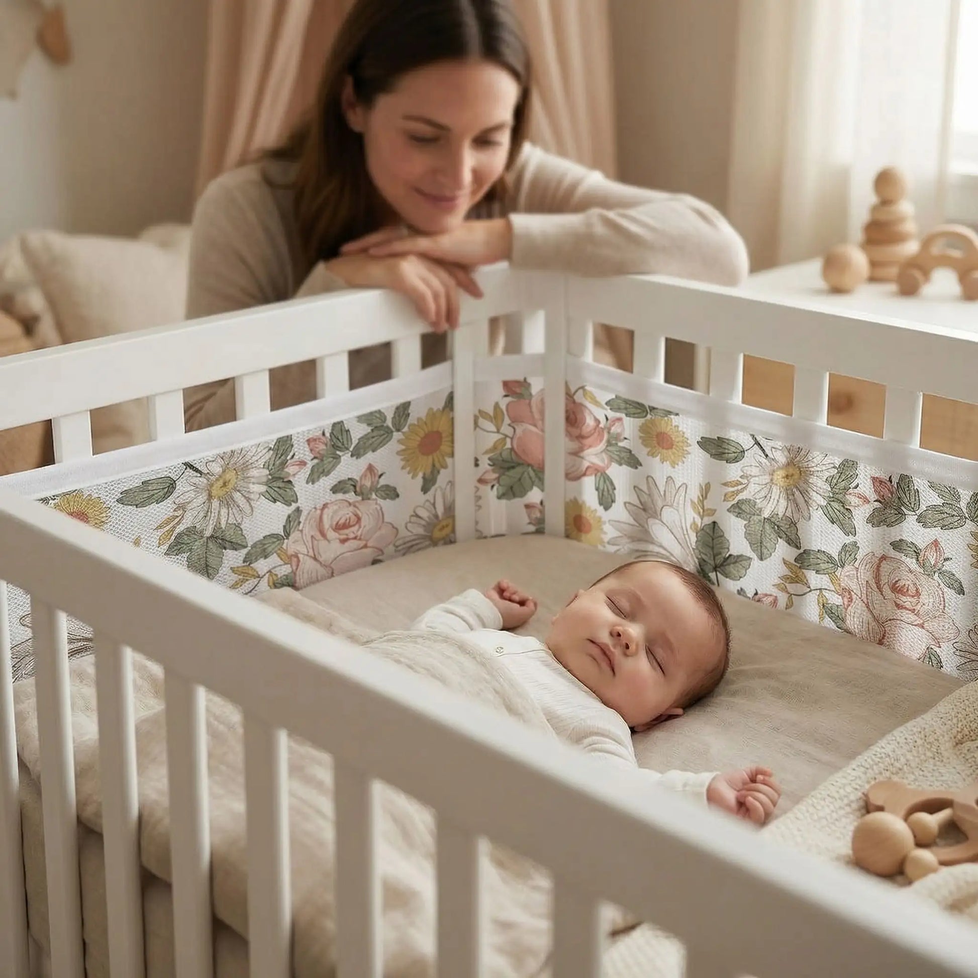 tour de lit respirant fleurs mama bébé endormi