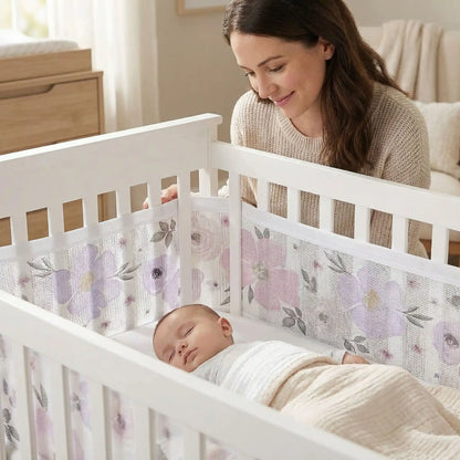 tour de lit respirant fleurs violettes maman bébé endormi