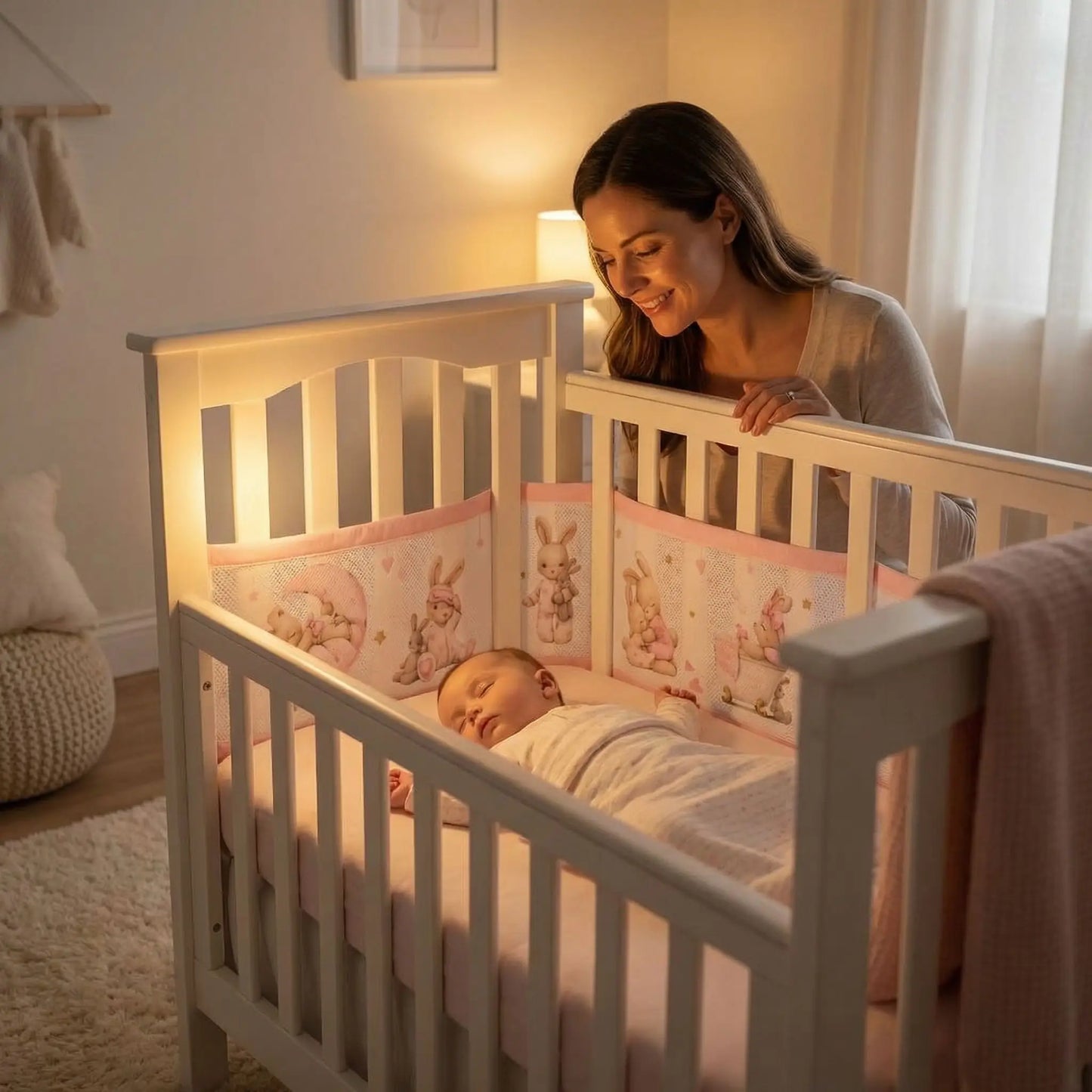tour de lit respirant lapin maman souriante bébé endormi