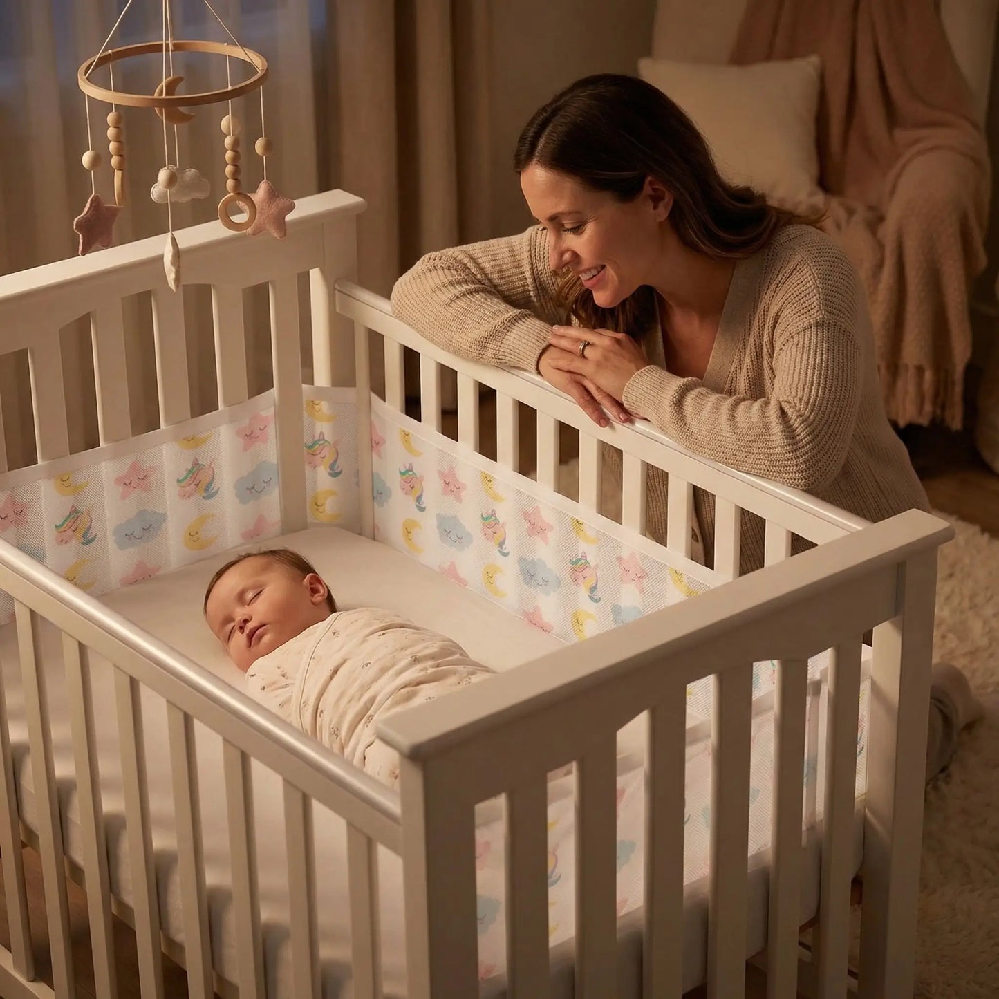 tour de lit respirant licorne, bébé endormi maman souriante