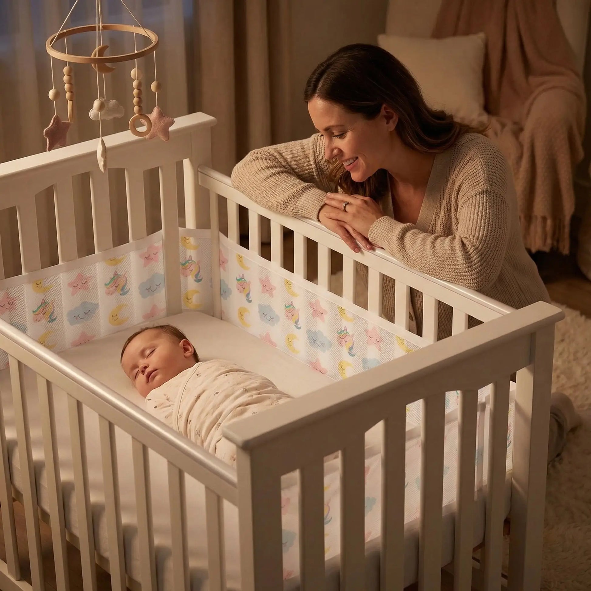 tour de lit respirant licorne, bébé endormi maman souriante