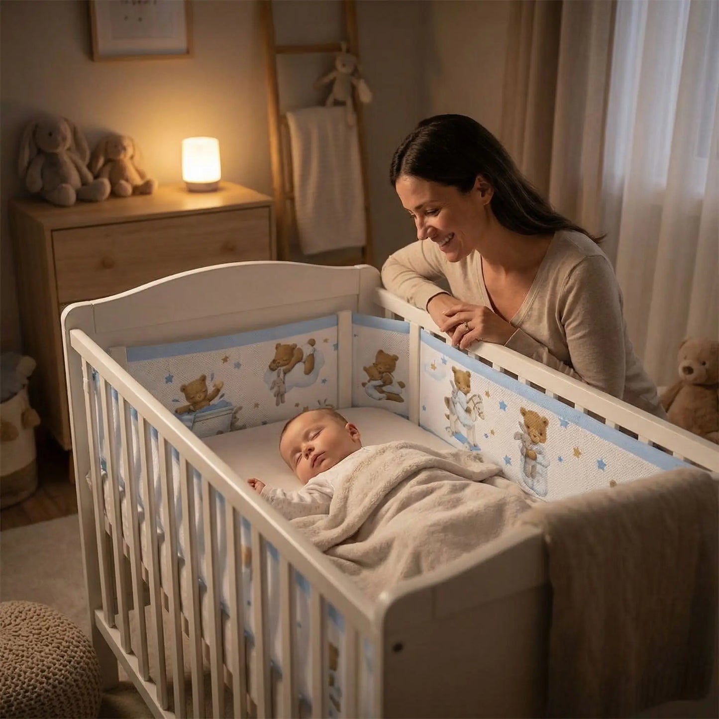 tour de lit respirant ours bébé endormi maman souriante