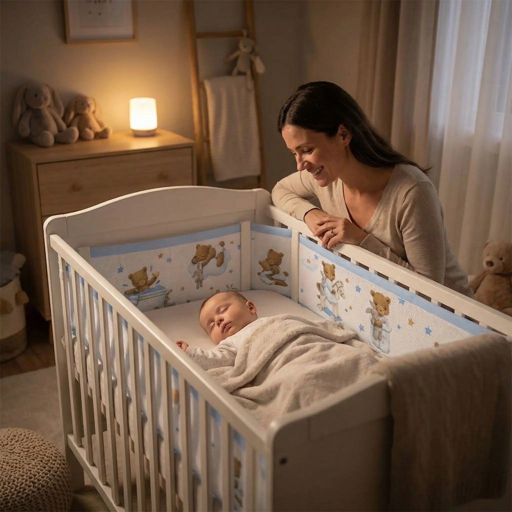 tour de lit respirant ours bébé endormi maman souriante