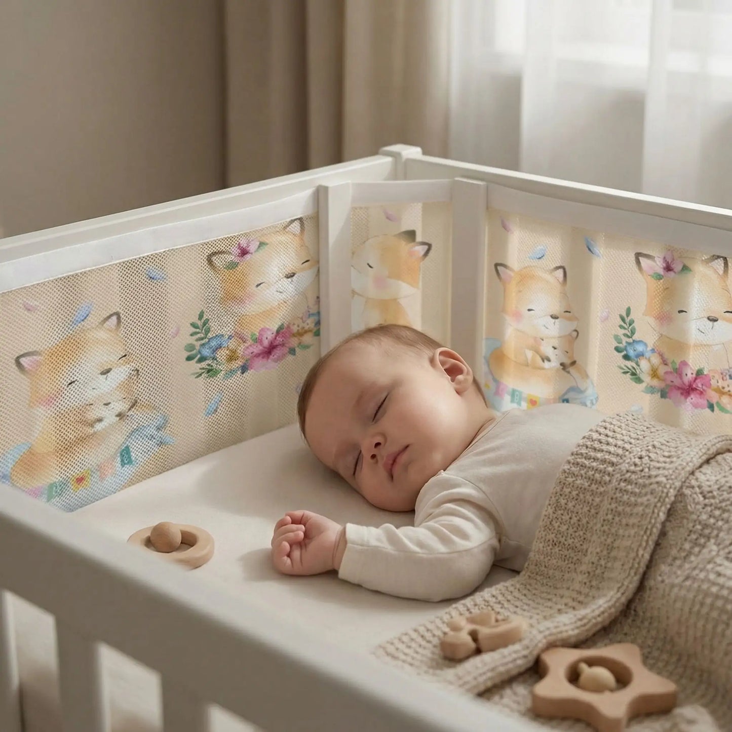 tour de lit respirant renard enfant endormi dans berceau